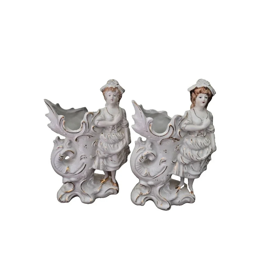 Pair of Porcelain Lady Cornucopia Vases or Figurines Paul's Gifts Planters